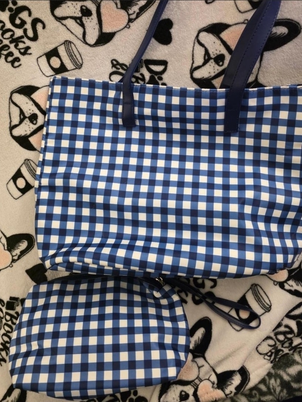 Woman Within Blue and White Gingham Tote with Matching Pouch